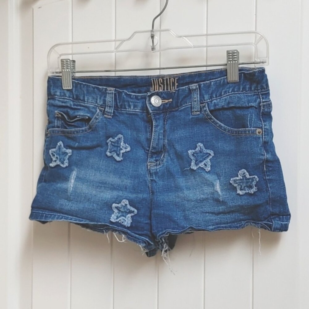 Justice dark blue wash distressed jeans shorts girl size 16 stars pattern